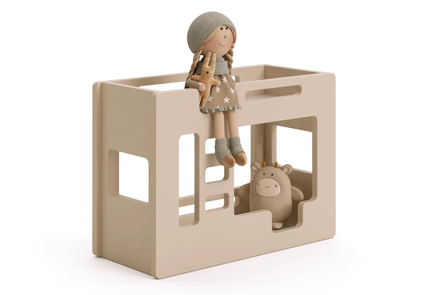 Drewniane łóżko piętrowe dla lalek wykonane ze sklejki sosnowej w kolorze kaszmirowym